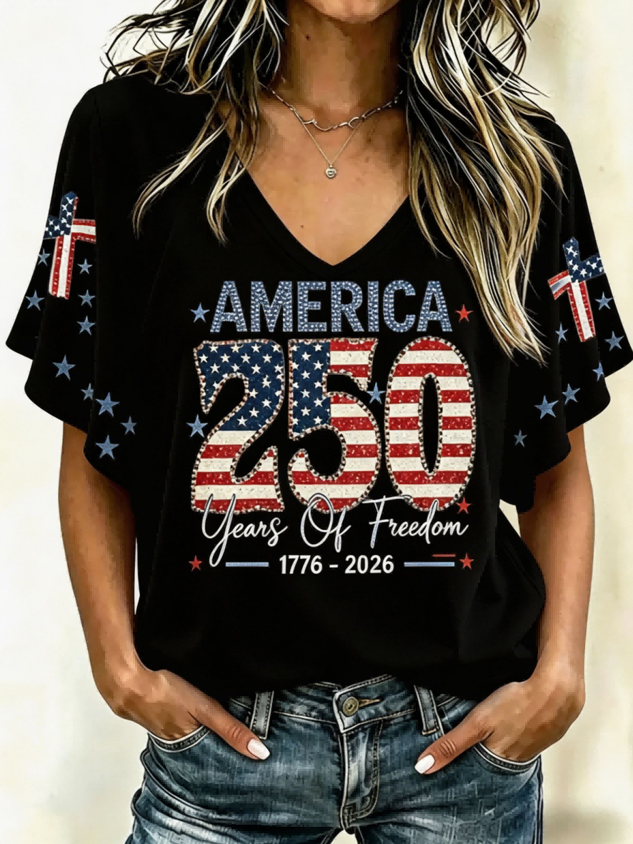 America 250 Years of Freedom Star Print V-Neck Flare Sleeve T-Shirt