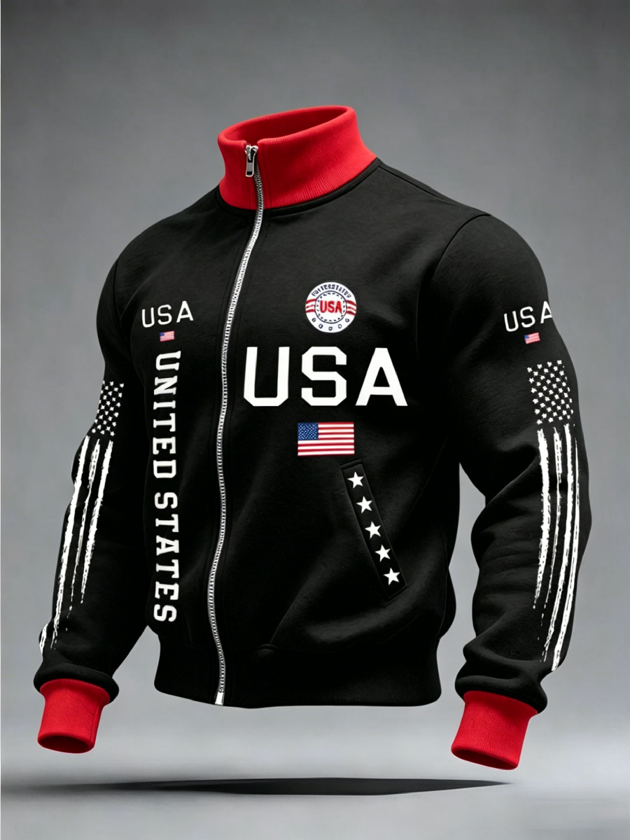 Men's USA Flag Print Full-Zip Track Jacket, Patriotic  Stand Collar Casual Sweatshirt