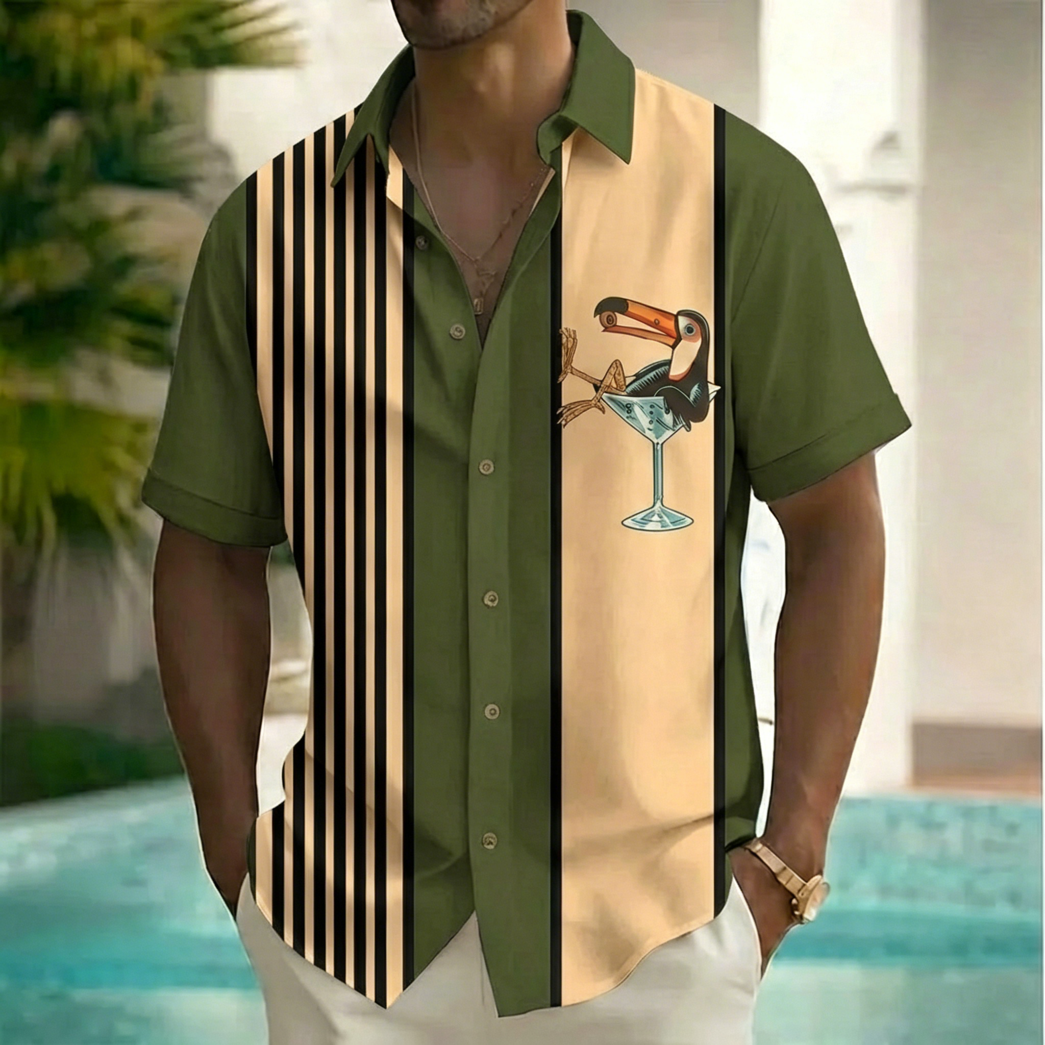 Men's Retro Striped Toucan Cocktail Print Short Sleeve Button Down Shirt, Color Block Tropical Summer Beach Casual Shirt