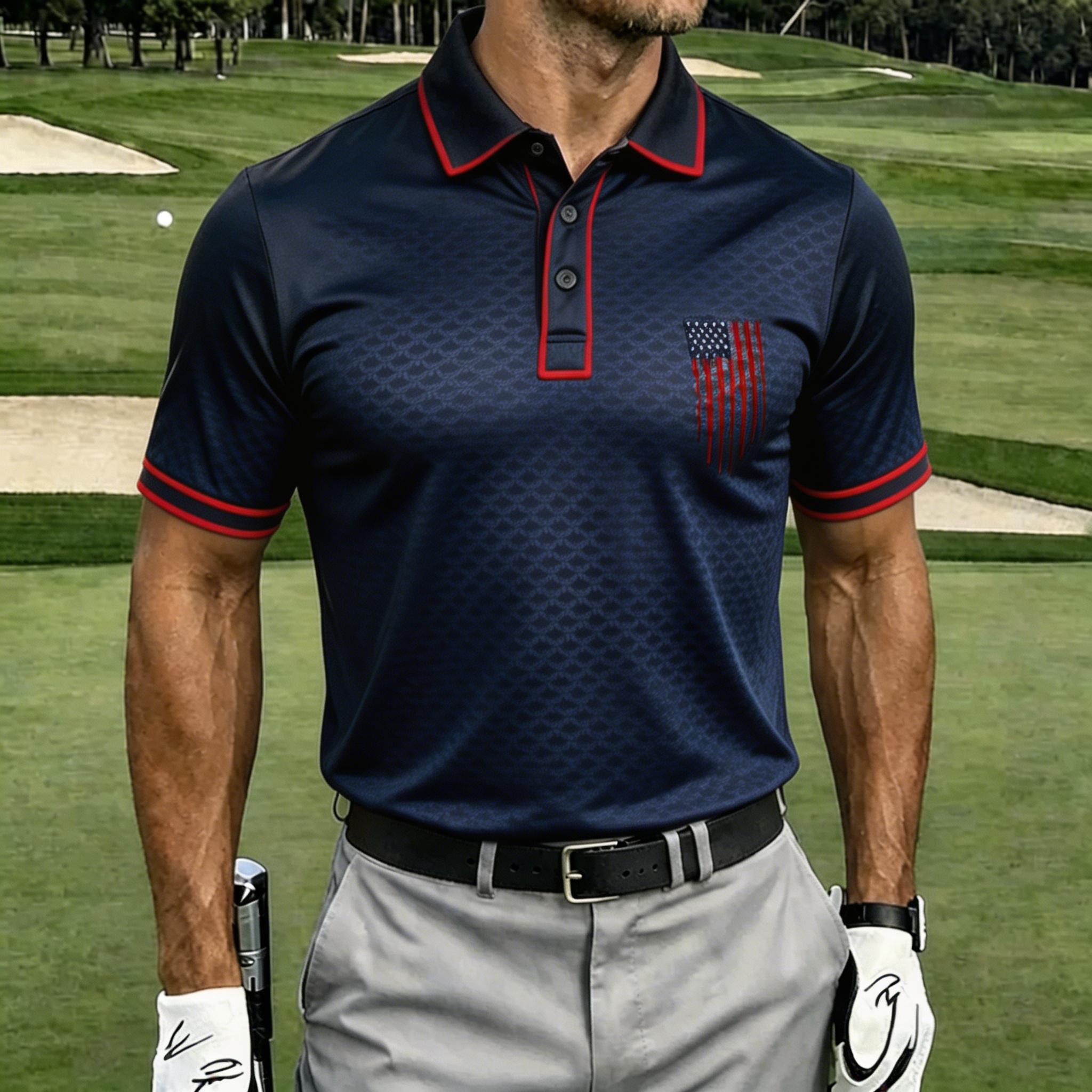 USA Flag Argyle Pattern Golf Shirt, Men’s Athletic Performance Polo for Sports & Casual