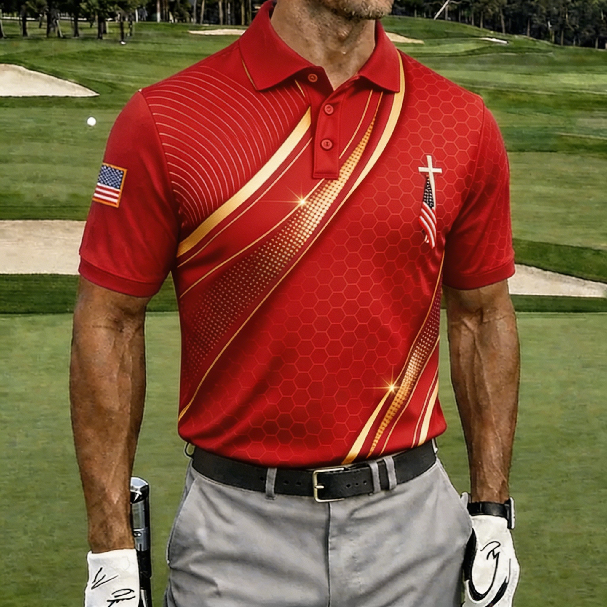 Premium Gold Line USA Cross Flag Golf Polo Shirt