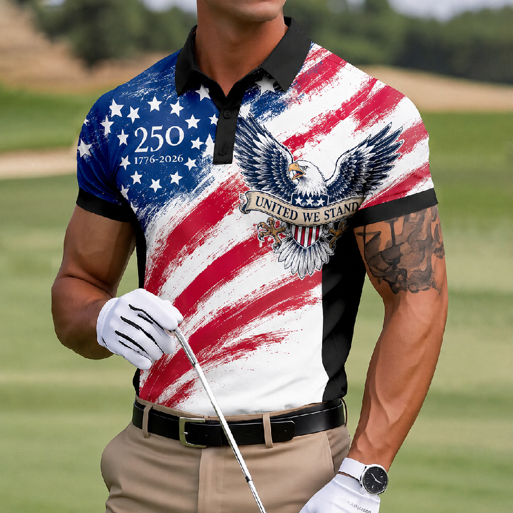 USA 250th Anniversary Performance Golf Polo Shirt – Vintage Brushstroke American Flag Print, Quick Dry Short Sleeve Sports Casual Top