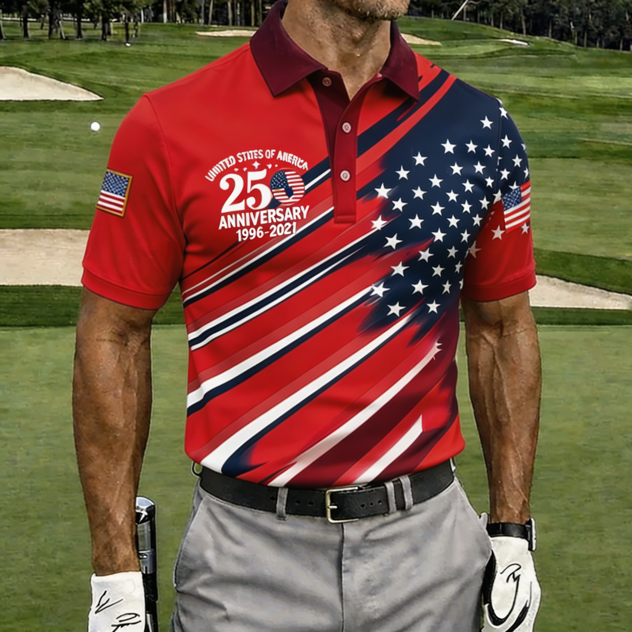 USA 250th Anniversary American Flag Golf Polo Shirt