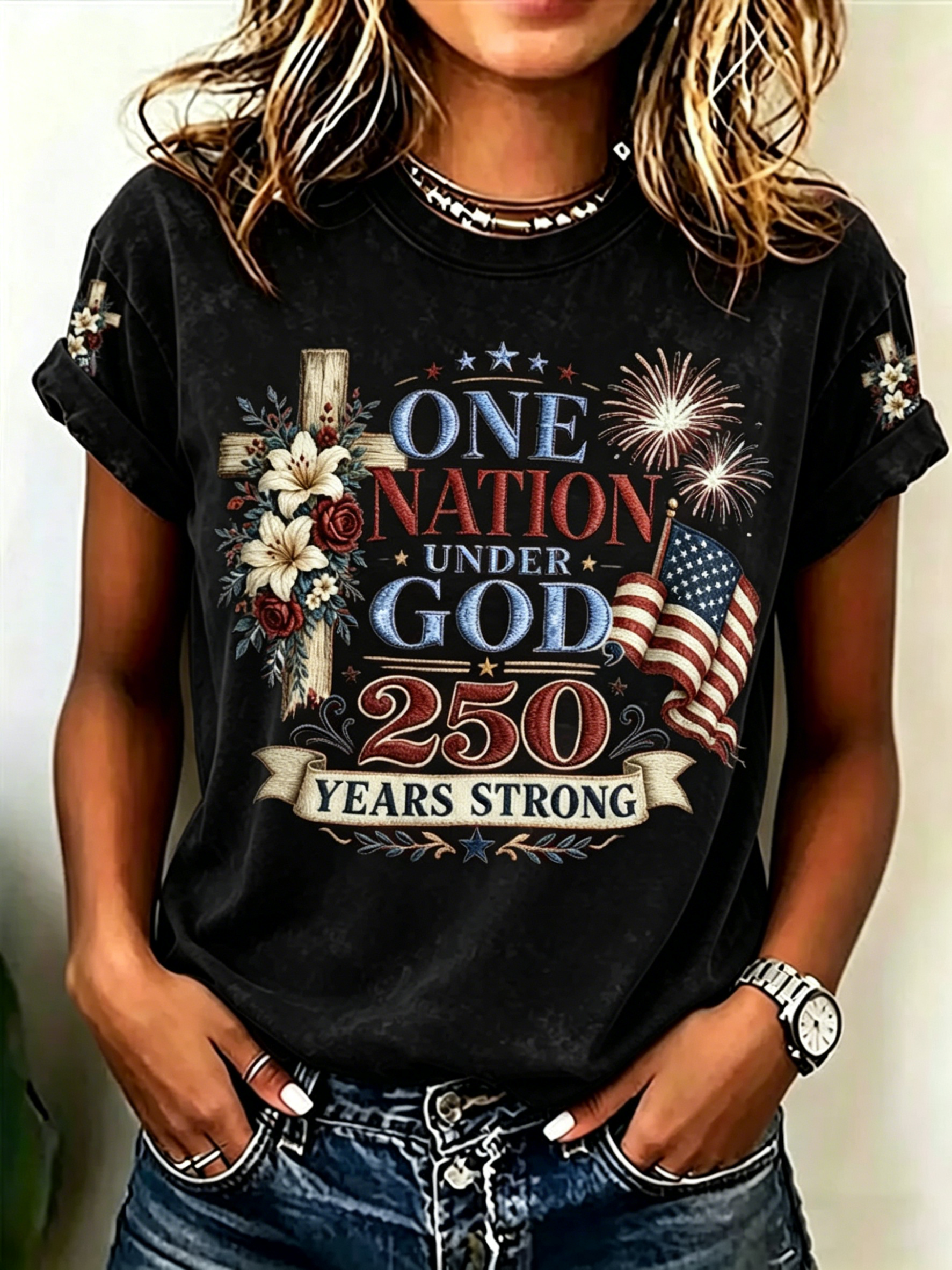 Women's "One Nation Under God 250 Years Strong" Patriotic Cross & Flag Print Short-Sleeve T-Shirt