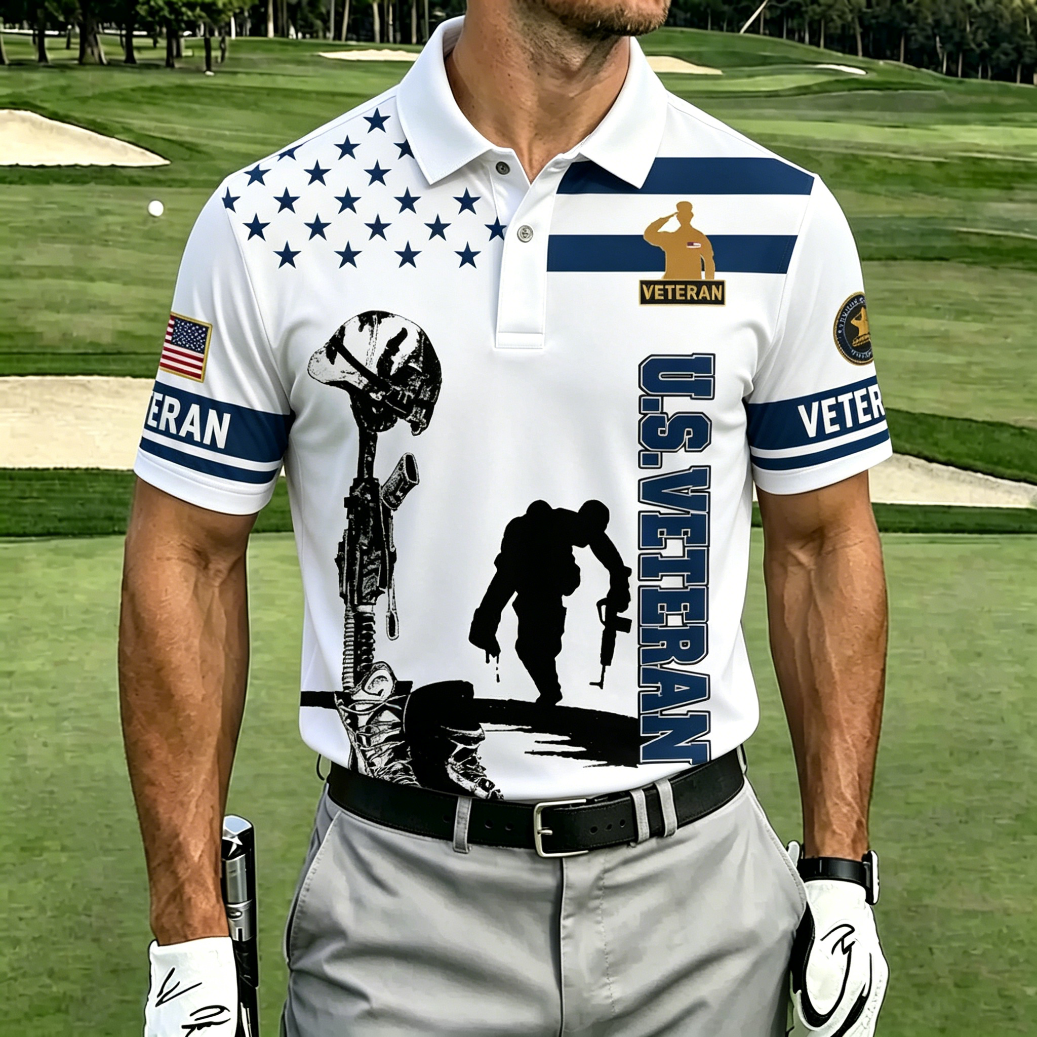 U.S. Veteran Patriotic Golf Polo Shirt – All Over Print, Moisture-Wicking, Military Tribute Design
