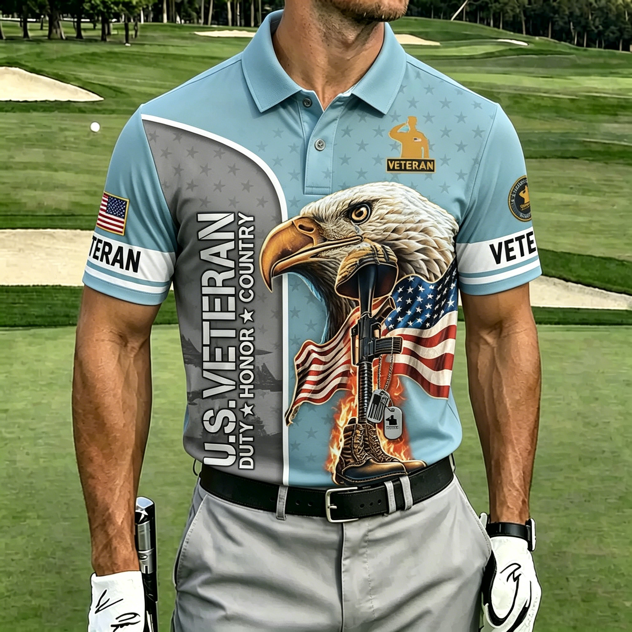 U.S. Veteran Eagle & American Flag Golf Polo Shirt – All Over Print, Moisture-Wicking, Patriotic Tribute