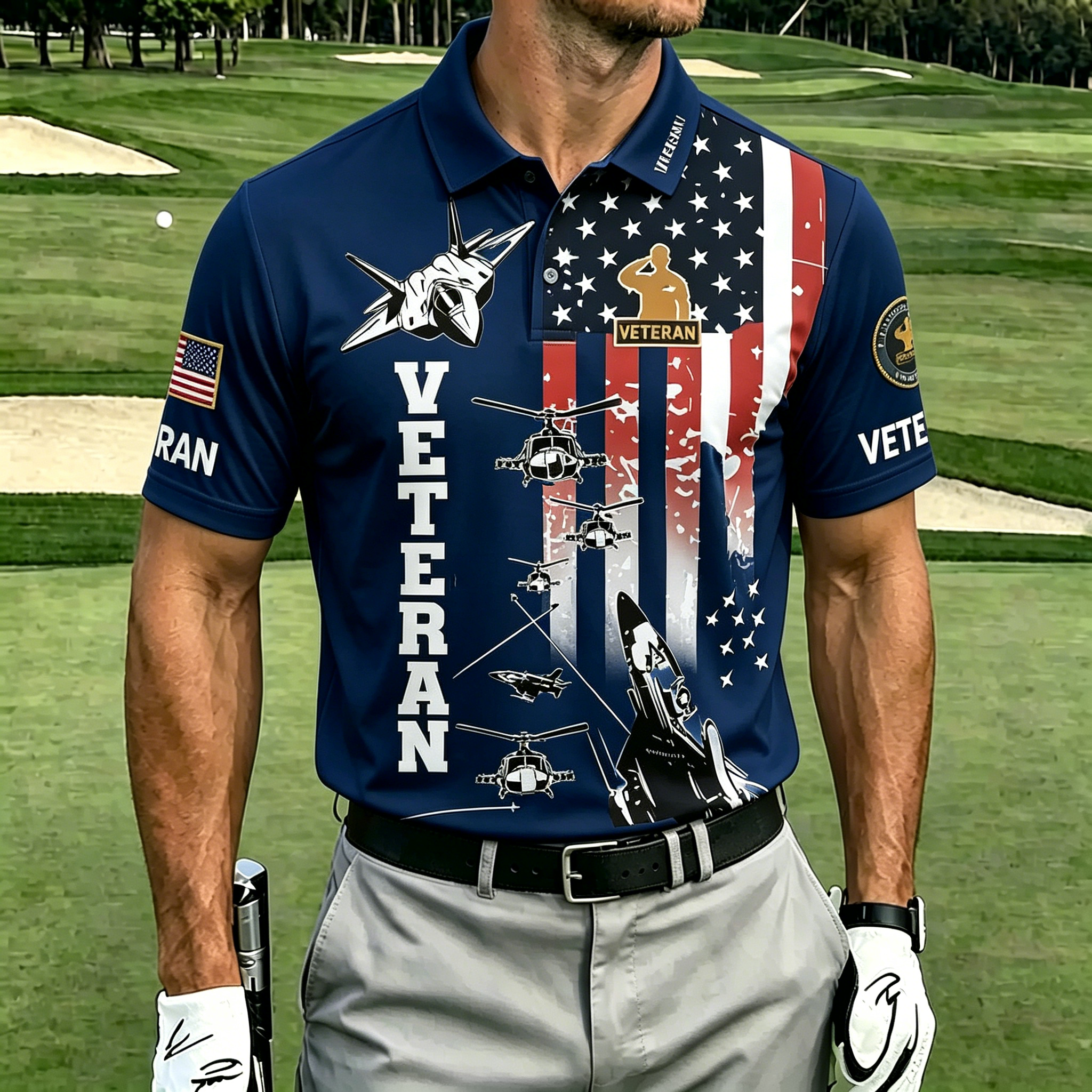 U.S. Veteran Military Aircraft Flag Golf Polo Shirt – All Over Print, Moisture-Wicking, Patriotic Tribute