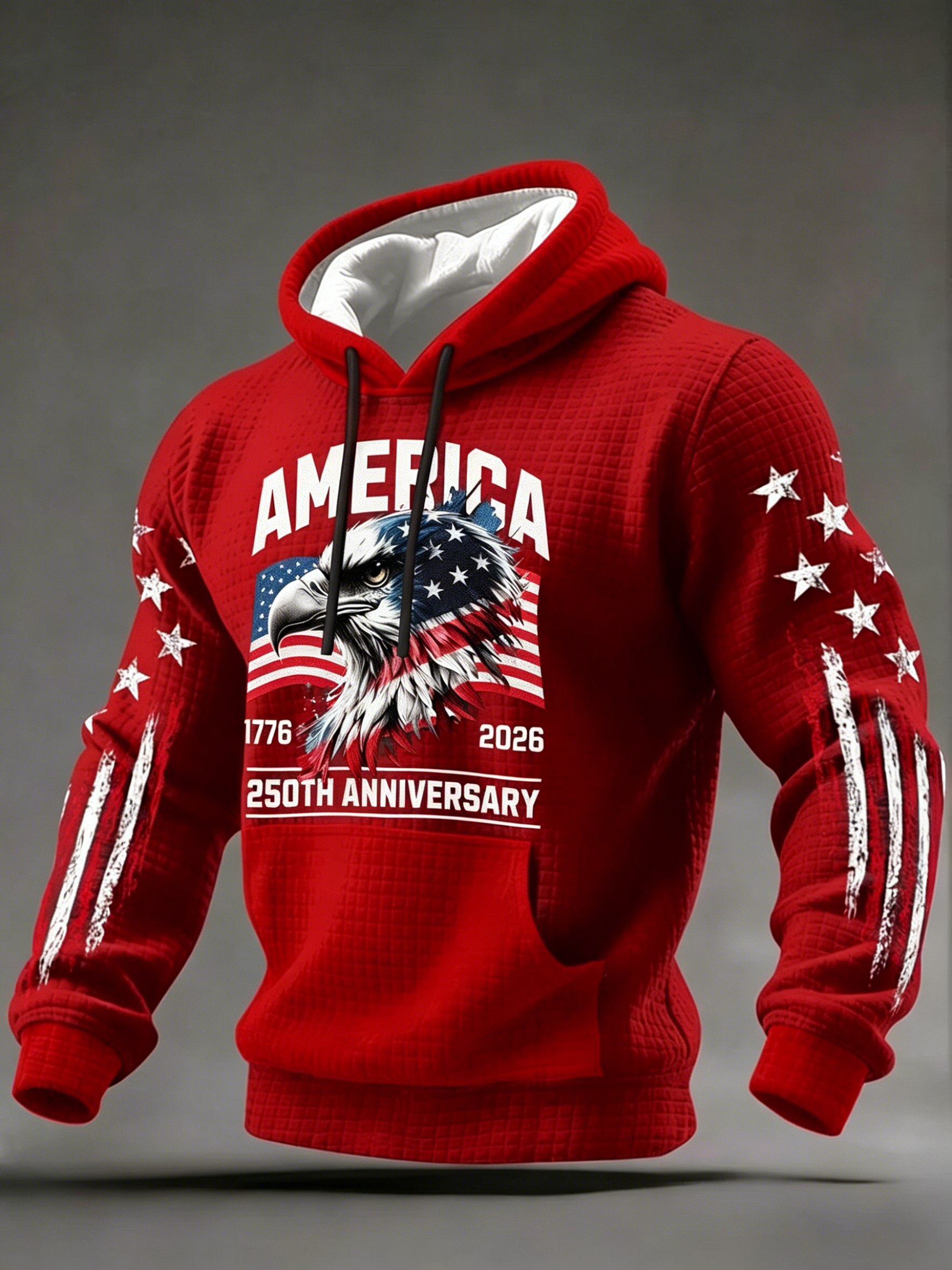 Men’s USA 250 Years Strong Waffle Knit Hoodie – Patriotic Eagle & Flag Print Pullover