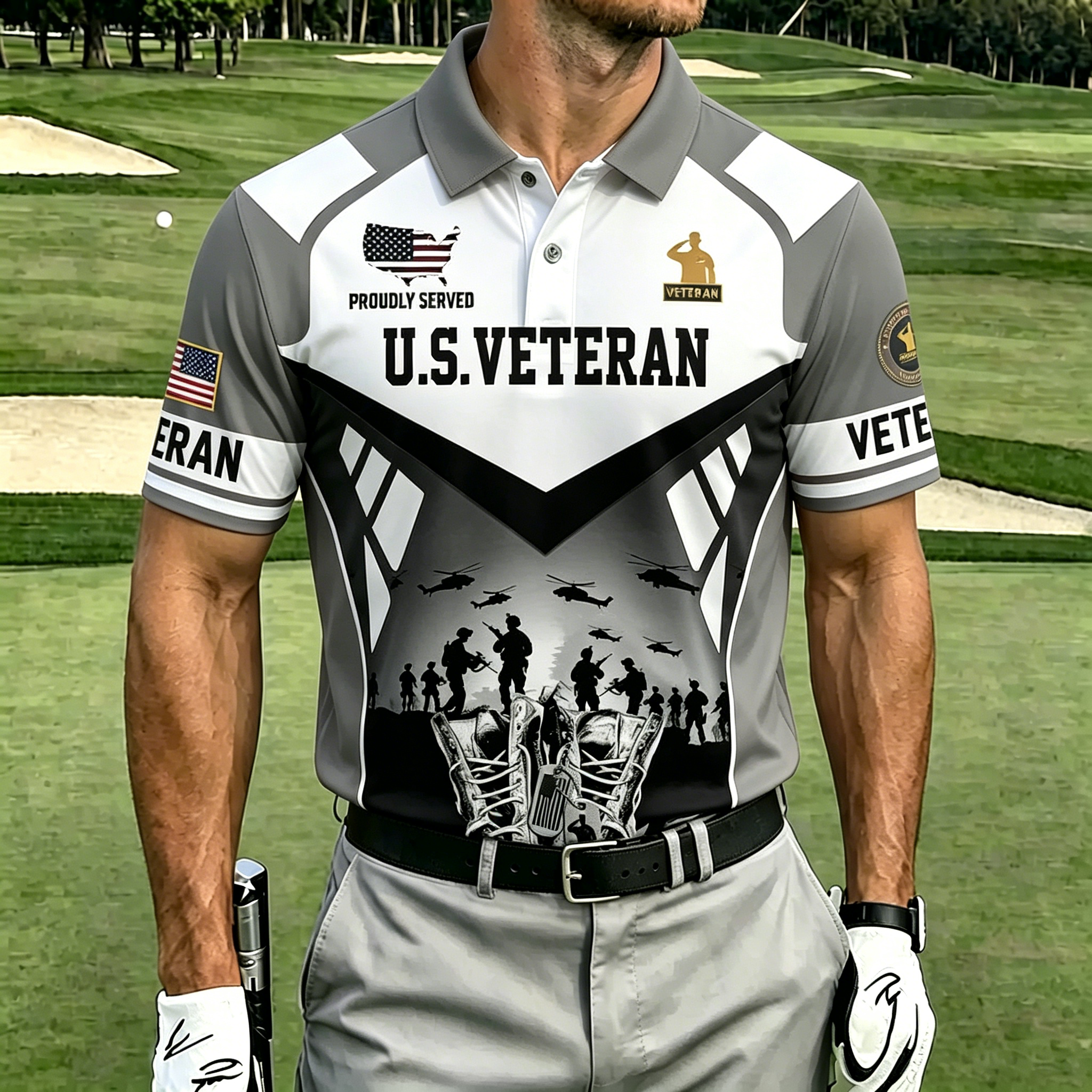 [Copy]U.S. Veteran Military Aircraft Flag Golf Polo Shirt – All Over Print, Moisture-Wicking, Patriotic Tribute