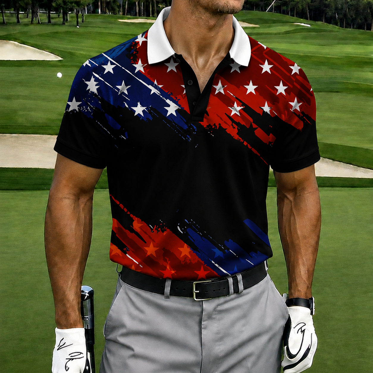 Retro Grunge USA Flag Mens Polo – Diagonal Paint Splash Star Stripe Graphic, Quick Dry Summer Sports Casual Top