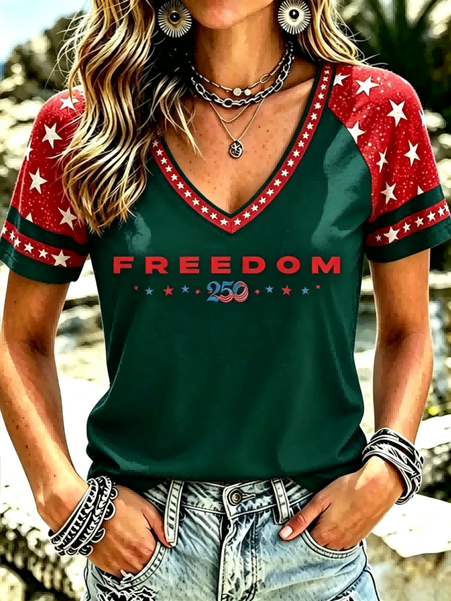Freedom 250 Star Print Raglan V-Neck Patriotic T-Shirt