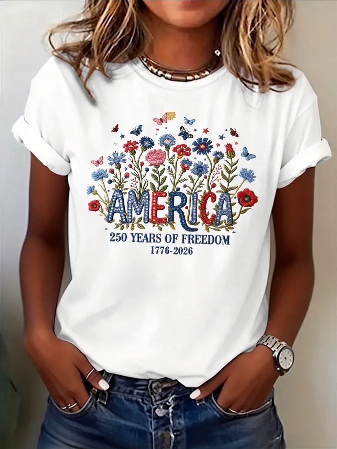 Women's "America 250 Years of Freedom" Floral Embroidered T-Shirt