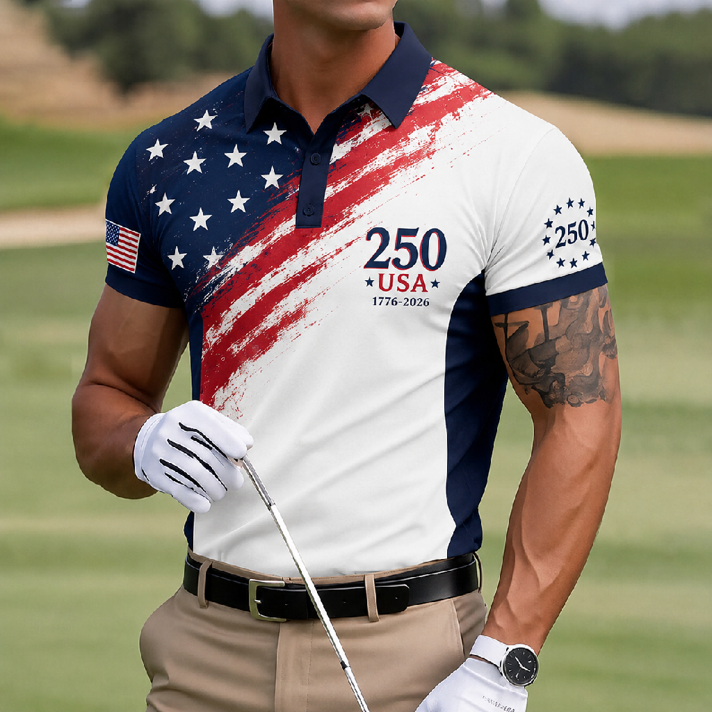 USA 250th Anniversary Performance Golf Polo Shirt – Vintage Brushstroke American Flag Print, Quick Dry Short Sleeve Sports Casual Top