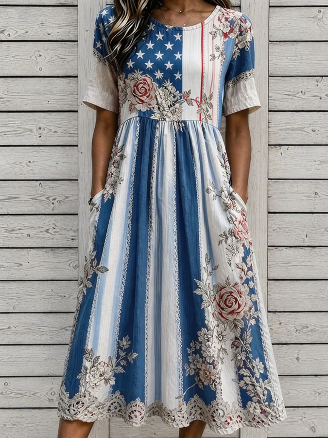 Patriotic Flag & Floral Print Short Sleeve Lace Trim Midi Dress