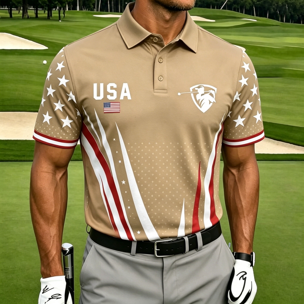 [Copy]Men's USA Flag Print Quarter-Zip Polo Shirt, Patriotic Short Sleeve Golf Top