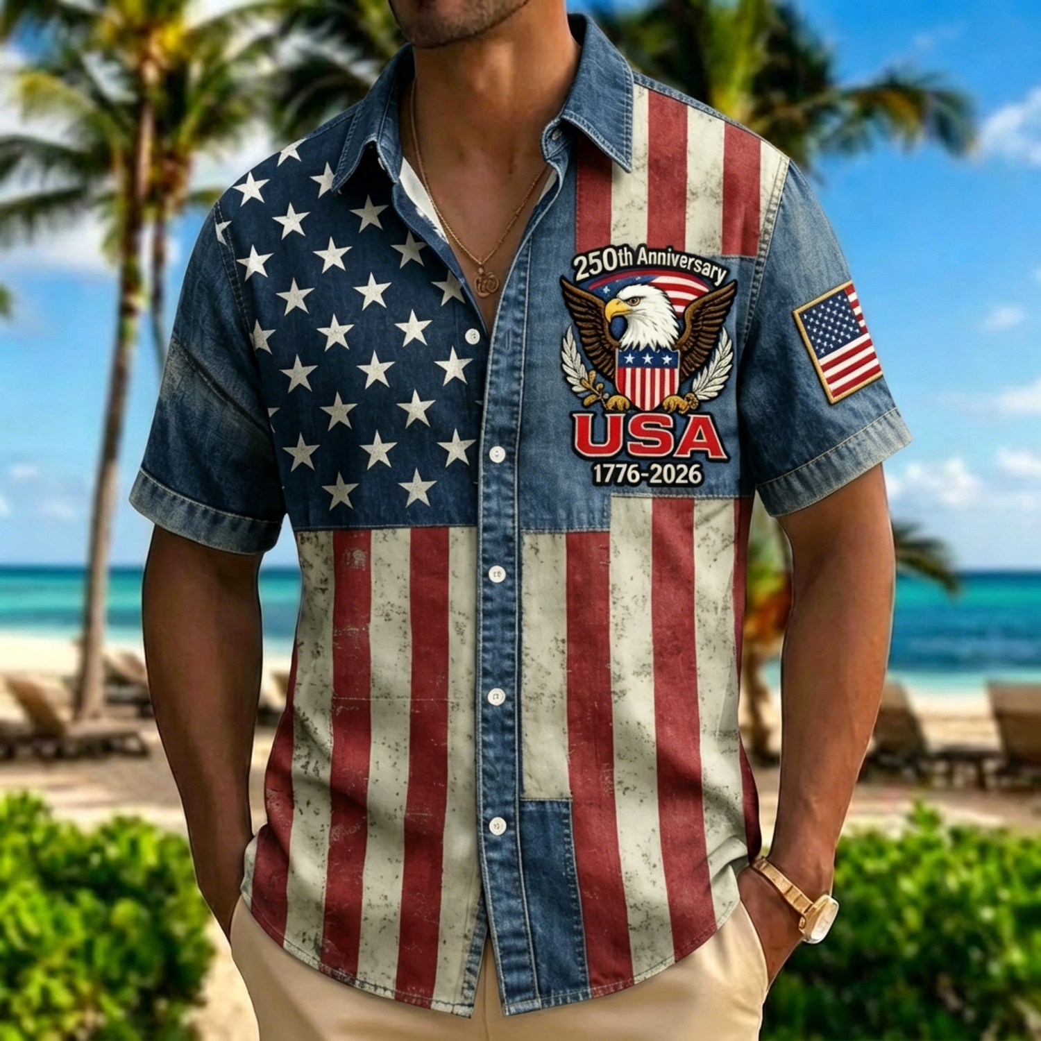 Retro Star & Stripe USA Eagle Hawaiian Shirt – Distressed Denim Flag Design with 1776-2026 Patch, Beach Vacation Top