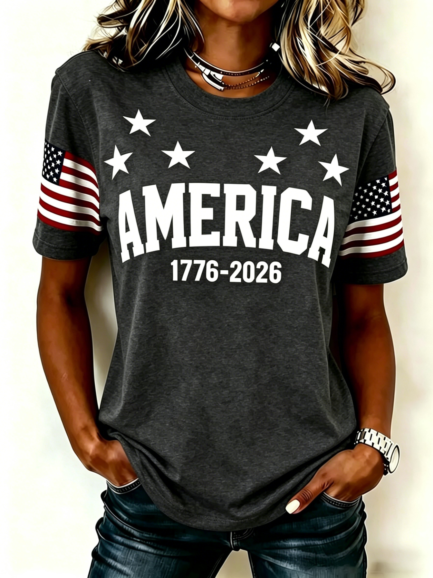 Retro USA Flag Sleeve Tee – "AMERICA 1776-2026" Text with Star Detail, Crew Neck Casual Top