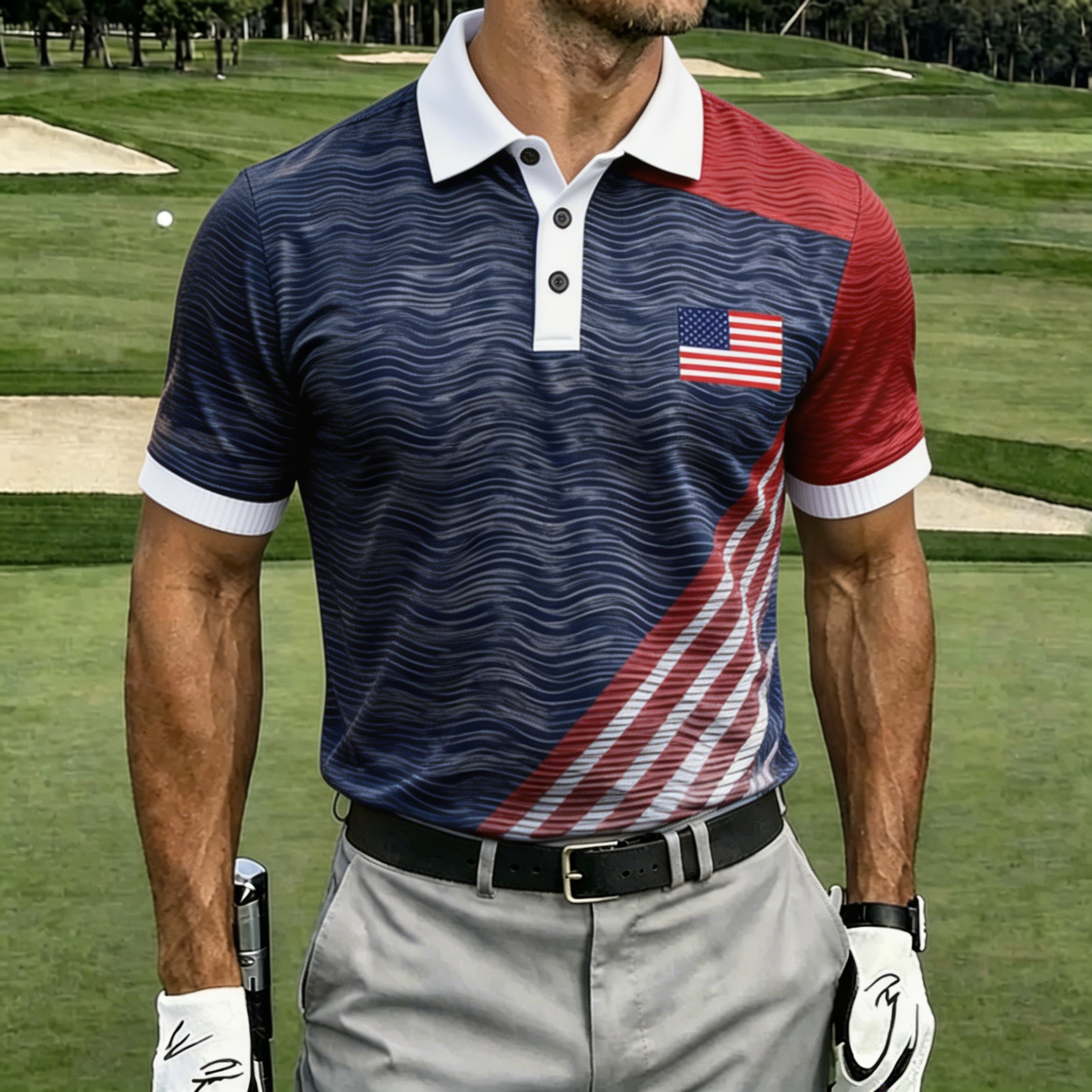 USA Flag Argyle Pattern Golf Shirt, Men’s Athletic Performance Polo for Sports & Casual