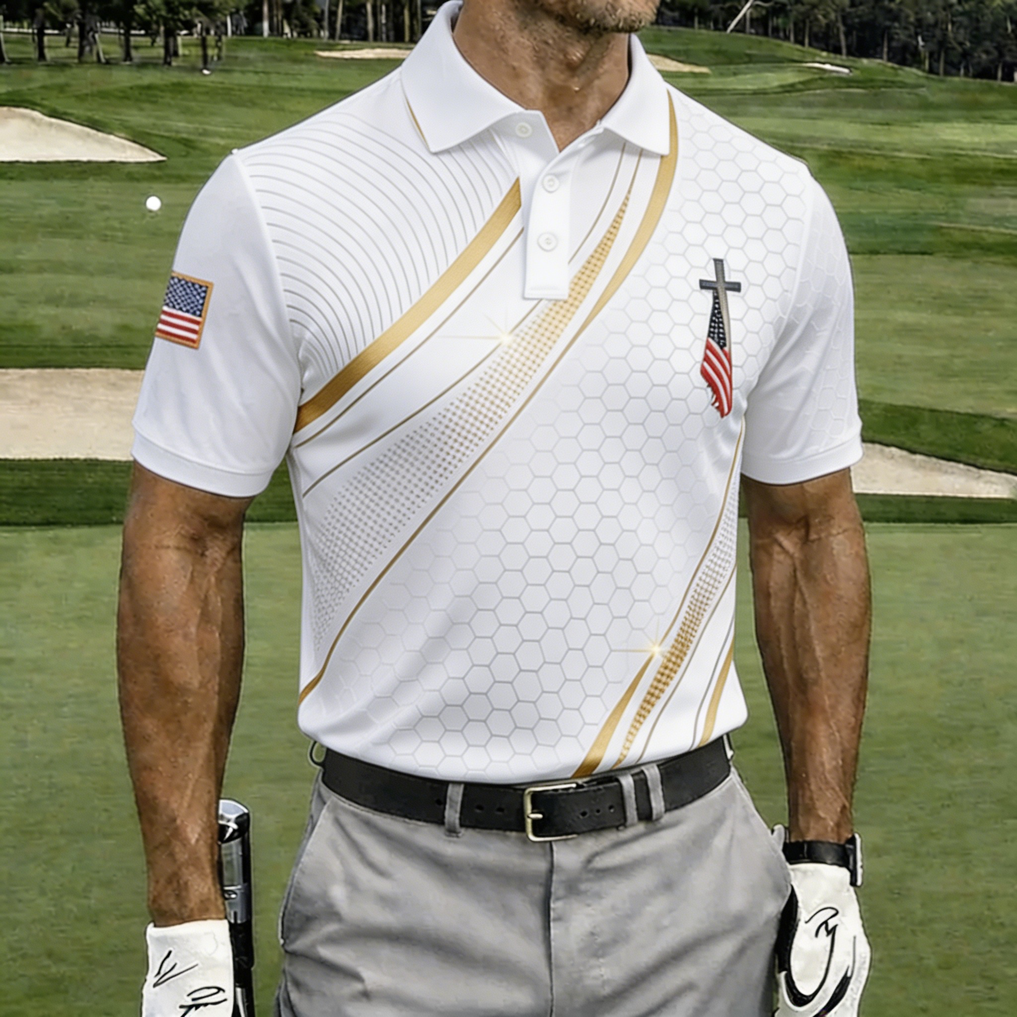 Premium Gold Line USA Cross Flag Golf Polo Shirt