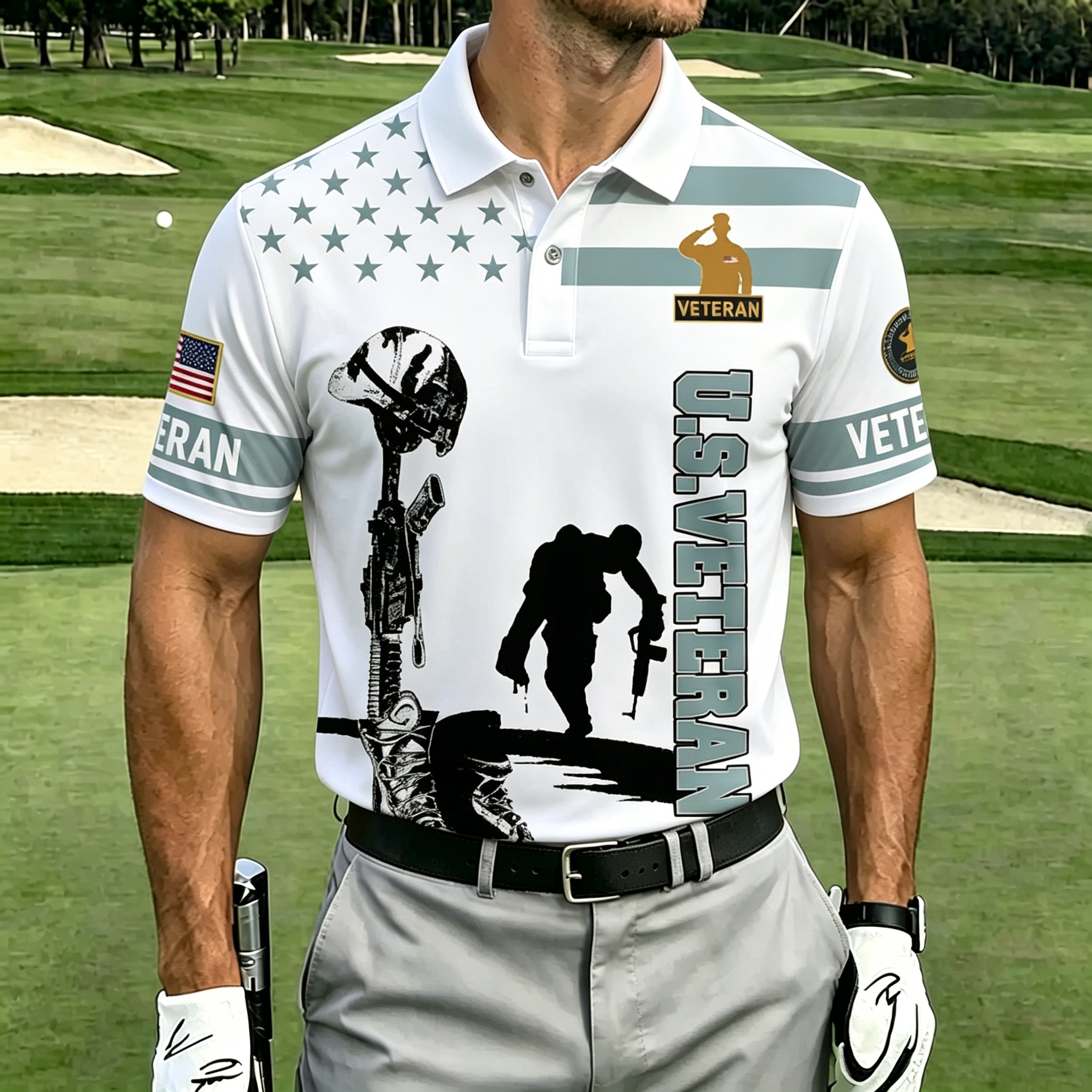 U.S. Veteran Patriotic Golf Polo Shirt – All Over Print, Moisture-Wicking, Military Tribute Design