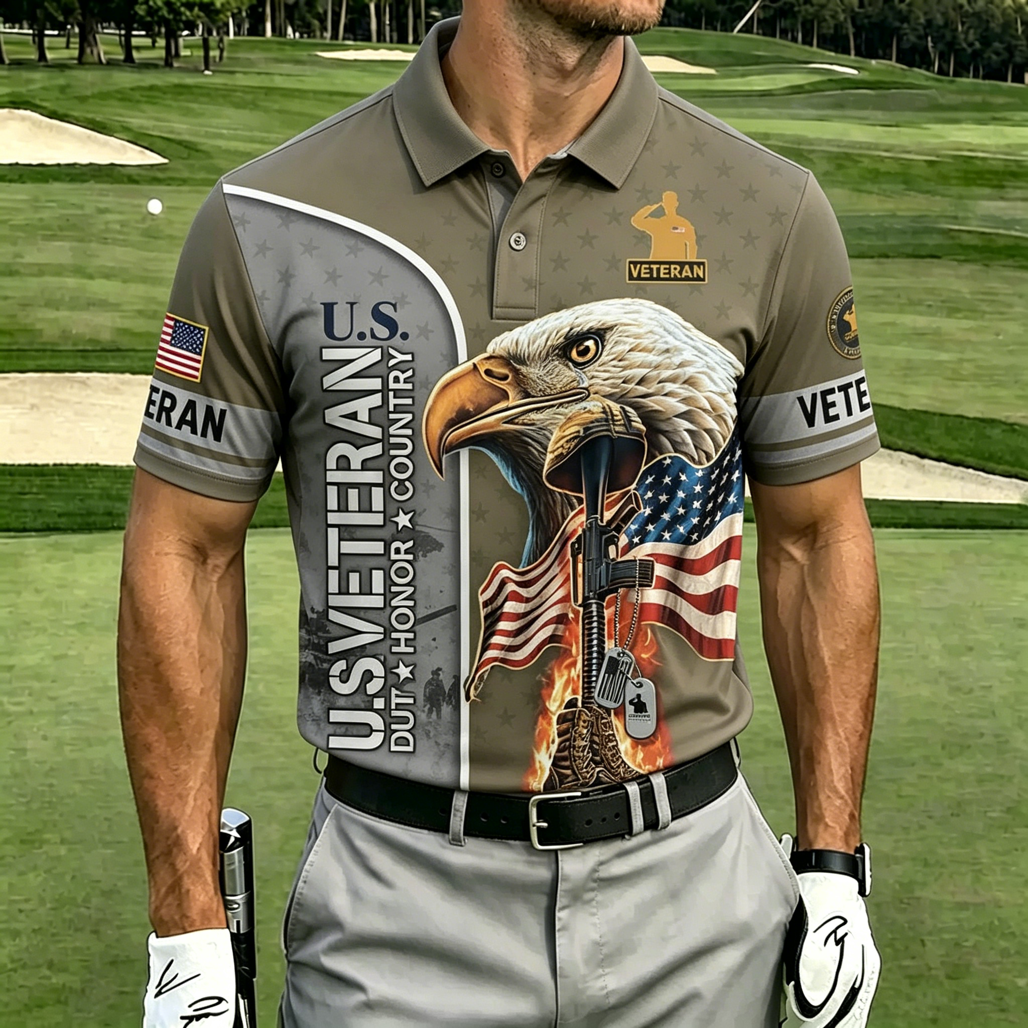 U.S. Veteran Eagle & American Flag Golf Polo Shirt – All Over Print, Moisture-Wicking, Patriotic Tribute
