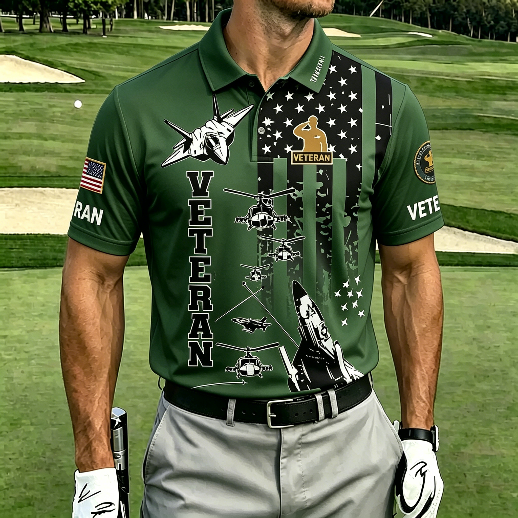 U.S. Veteran Military Aircraft Flag Golf Polo Shirt – All Over Print, Moisture-Wicking, Patriotic Tribute