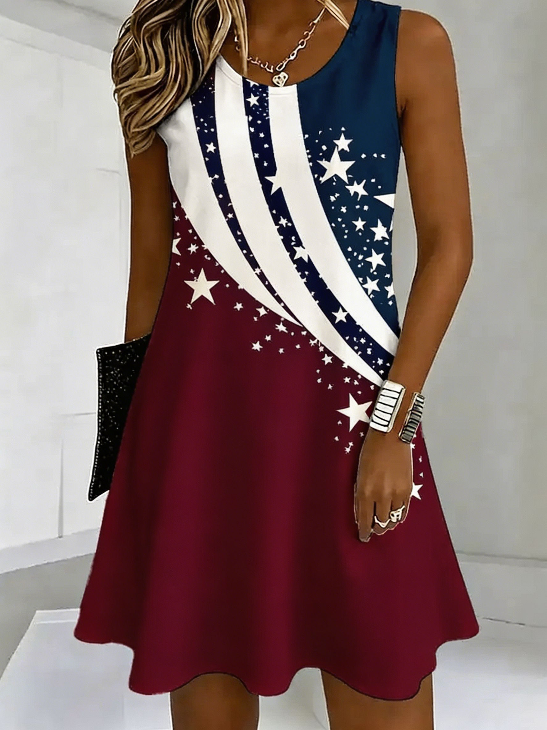 USA Flag Inspired Star Print Sleeveless Summer Casual Dress