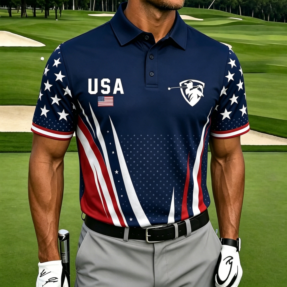 [Copy]Men's USA Flag Print Quarter-Zip Polo Shirt, Patriotic Short Sleeve Golf Top