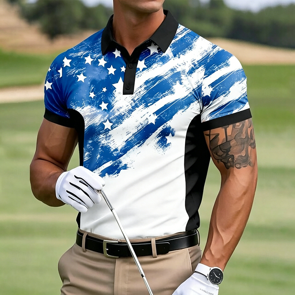 USA 250th Anniversary Performance Golf Polo Shirt – Vintage Brushstroke American Flag Print, Quick Dry Short Sleeve Sports Casual Top