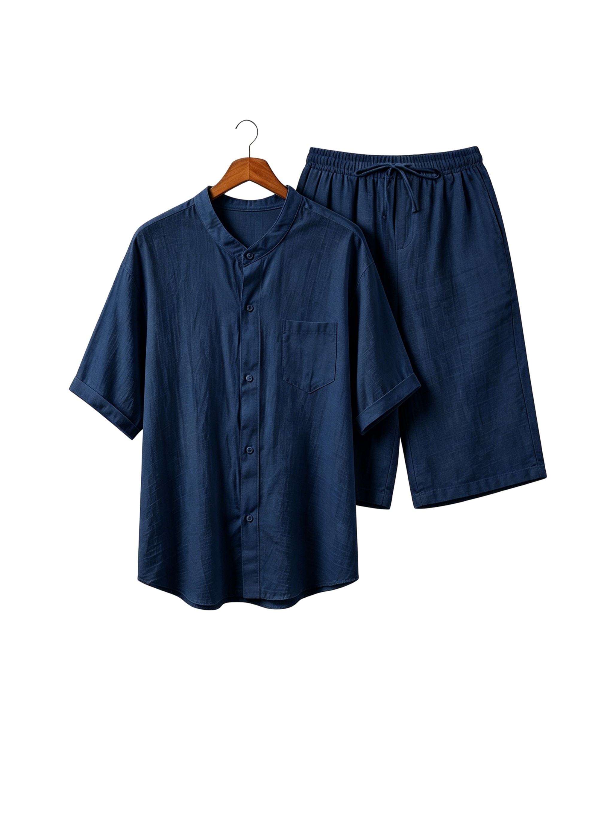 Men’s linen two-piece summer set: short-sleeved shirt with a stand-up collar paired with shorts with an elastic waistband