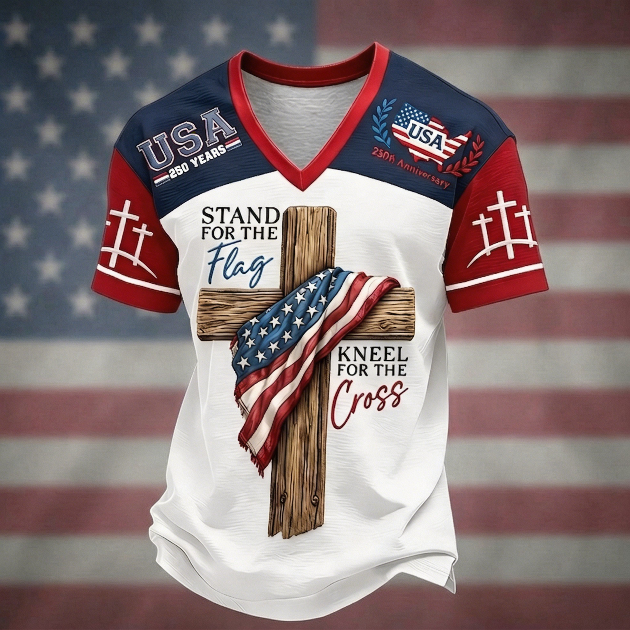 USA 250th Anniversary V-Neck Raglan Tee – Stand For The Flag Kneel For The Cross Cross & US Flag Print, Patriotic Short Sleeve Casual Top