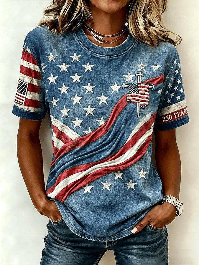 USA Flag Star Print 250th Anniversary Casual Denim-Style T-Shirt