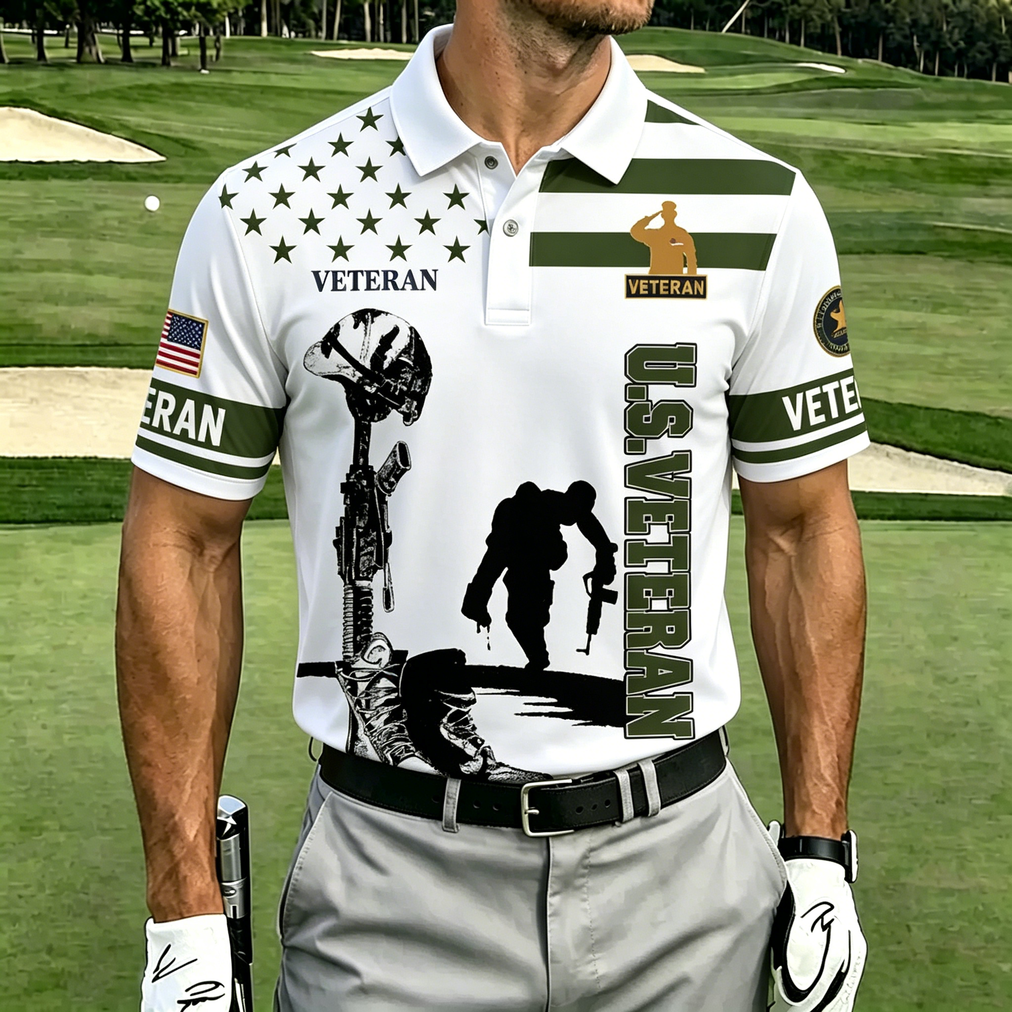 U.S. Veteran Patriotic Golf Polo Shirt – All Over Print, Moisture-Wicking, Military Tribute Design