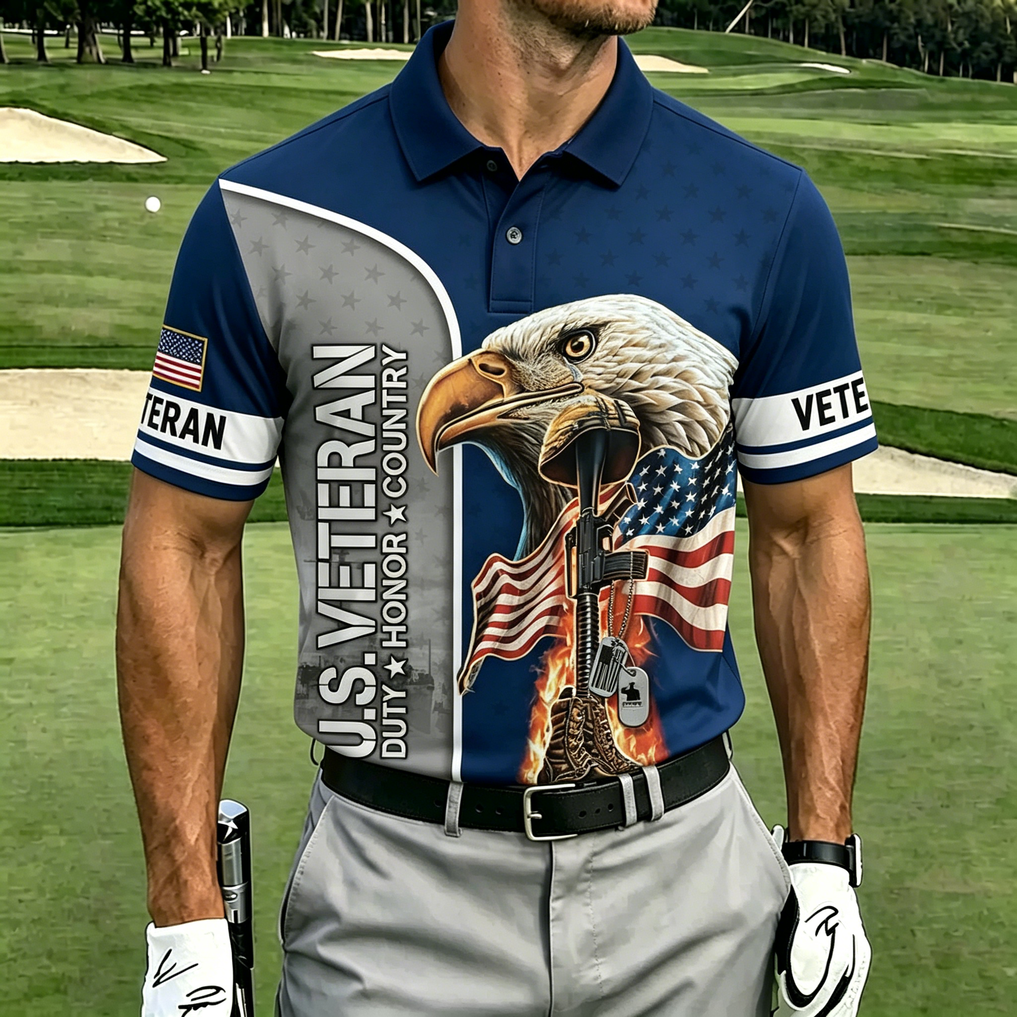 U.S. Veteran Eagle & American Flag Golf Polo Shirt – All Over Print, Moisture-Wicking, Patriotic Tribute