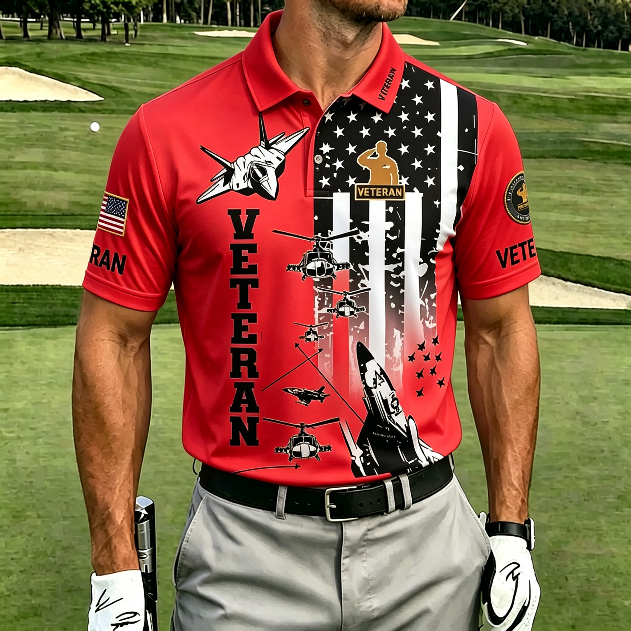 U.S. Veteran Military Aircraft Flag Golf Polo Shirt – All Over Print, Moisture-Wicking, Patriotic Tribute