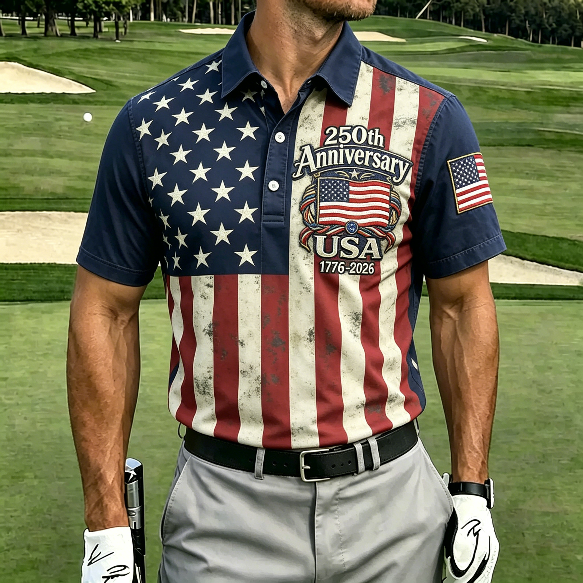 USA 250th Anniversary Denim Button-Down Shirt – Vintage American Flag & Eagle Print, Patriotic Short Sleeve Casual Top