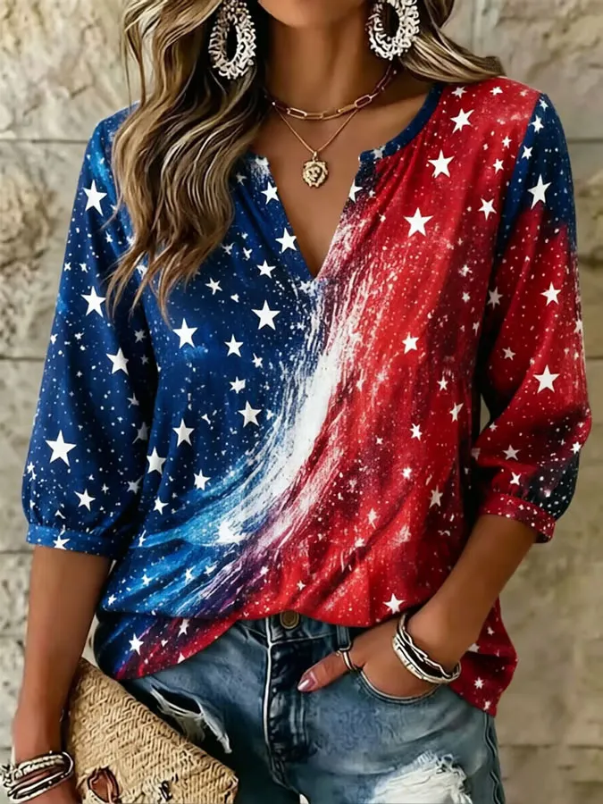 USA Flag Inspired Star Print V-Neck 3/4 Sleeve Casual Top