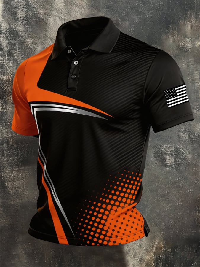 Men’s Sporty American Flag Print Polo Shirt, Performance Fabric Short Sleeve Casual & Golf Wear
