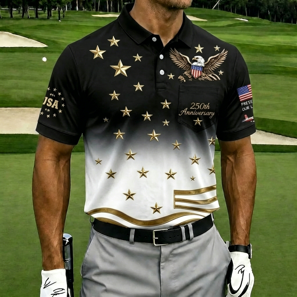 USA 250th Anniversary Patriotic Eagle Golf Polo Shirt, Men's Casual Top with Gradient Gold Star Print