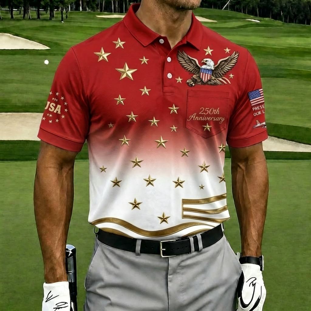 USA 250th Anniversary Patriotic Eagle Golf Polo Shirt, Men's Casual Top with Gradient Gold Star Print