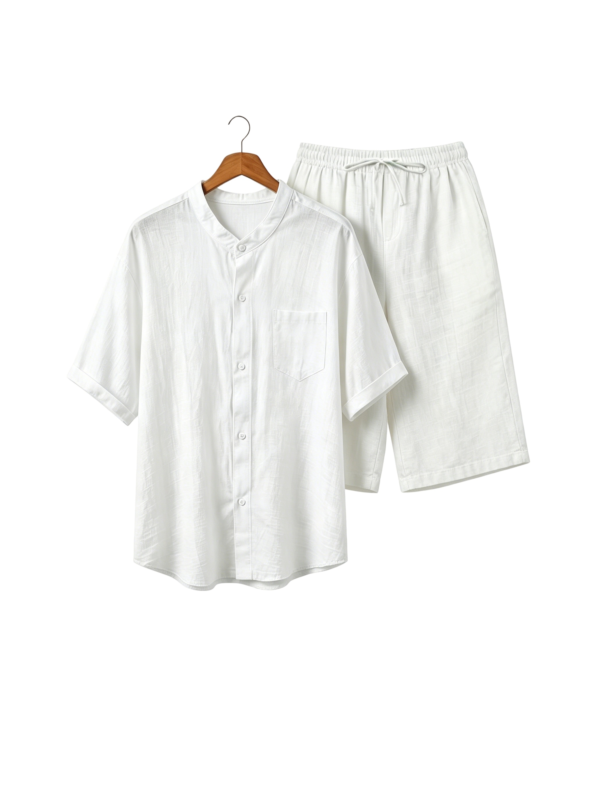 Men’s linen two-piece summer set: short-sleeved shirt with a stand-up collar paired with shorts with an elastic waistband