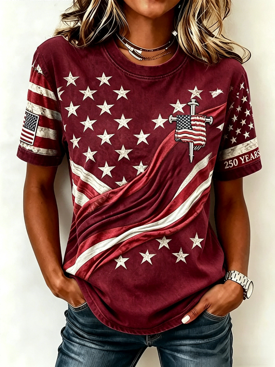 USA Flag Star Print 250th Anniversary Casual Denim-Style T-Shirt