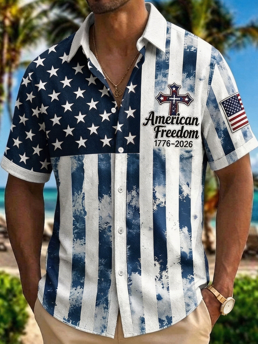 American Freedom 1776-2026 Button-Down Shirt – Distressed American Flag Print with Patriotic Cross, Short Sleeve Casual Top