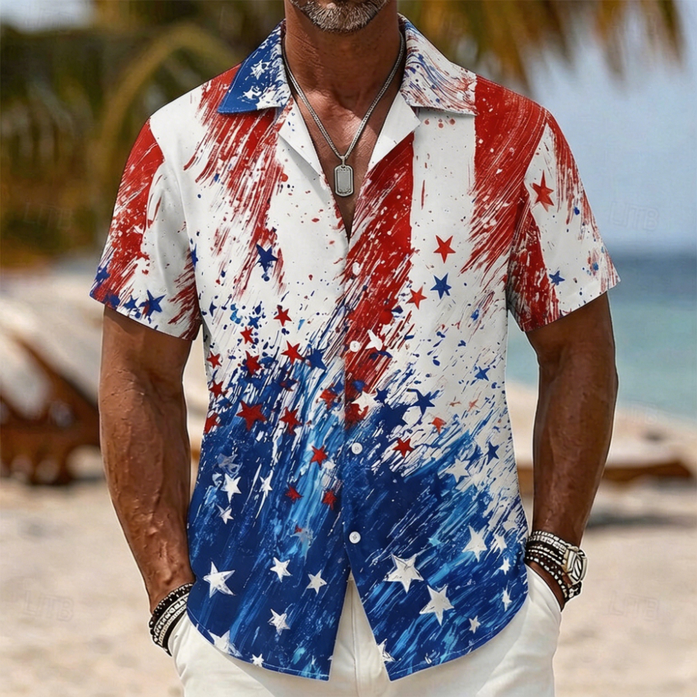 Vintage American Flag Paint Stroke Shirt – Patriotic Red White Blue Star Stripe Print, Mens Lightweight Vacation Casual Top