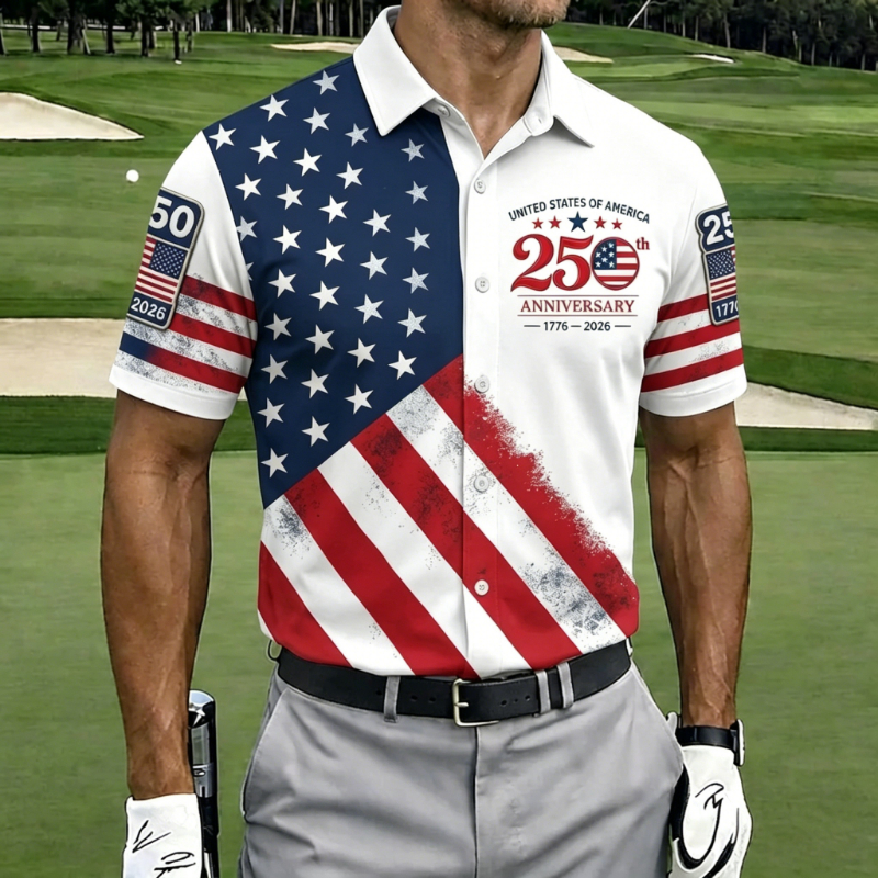 USA 250th Anniversary Vintage Distressed Flag Print Men's Golf Polo Shirt
