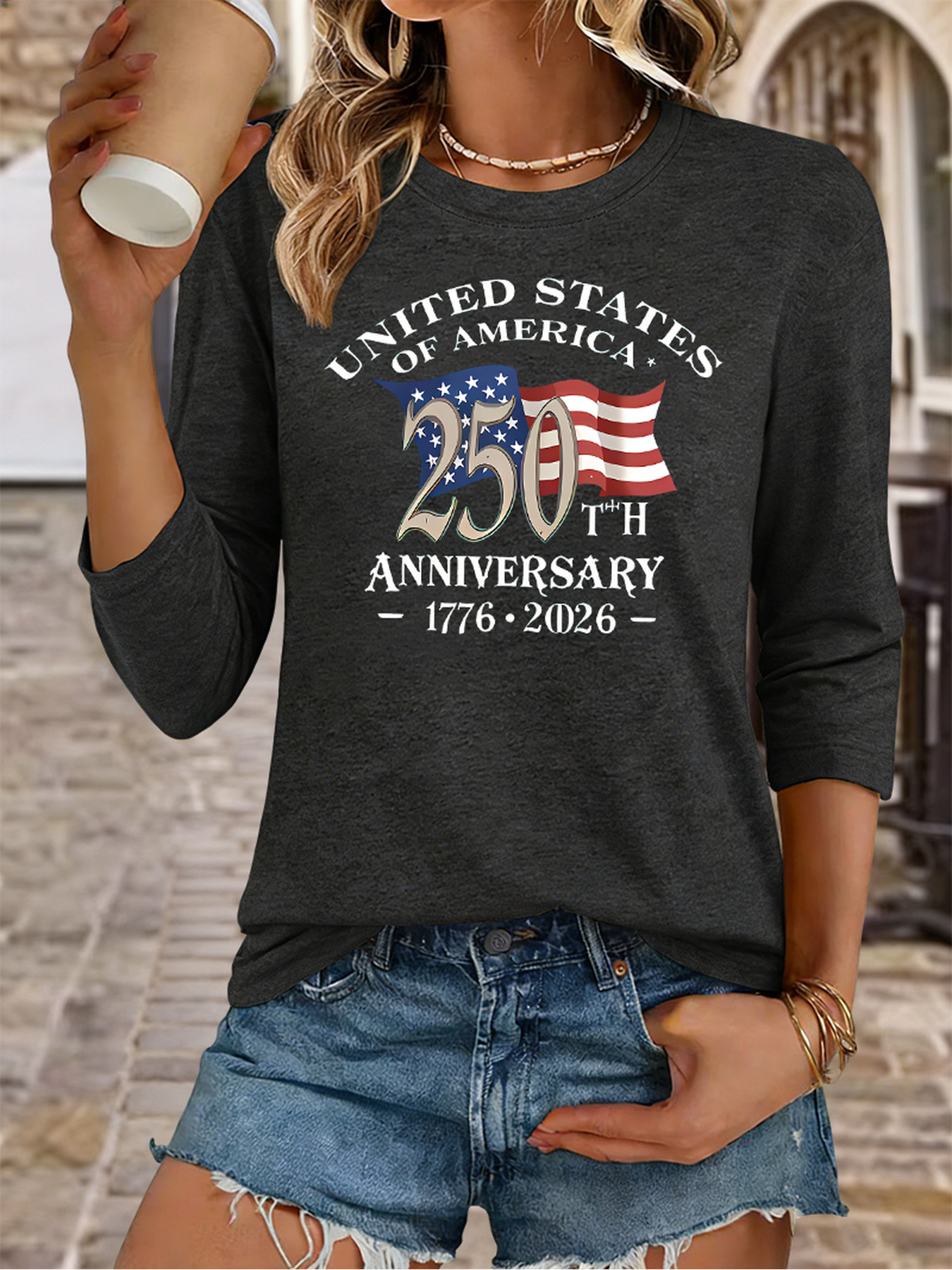 Women's USA 250th Anniversary 1776-2026 Flag Print 3/4 Sleeve Casual T-Shirt