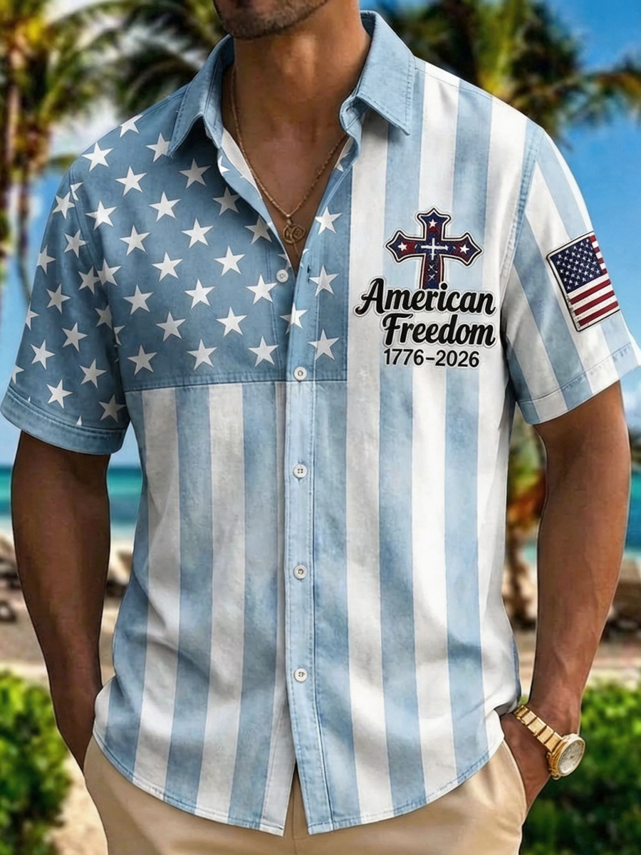 American Freedom 1776-2026 Button-Down Shirt – Distressed American Flag Print with Patriotic Cross, Short Sleeve Casual Top