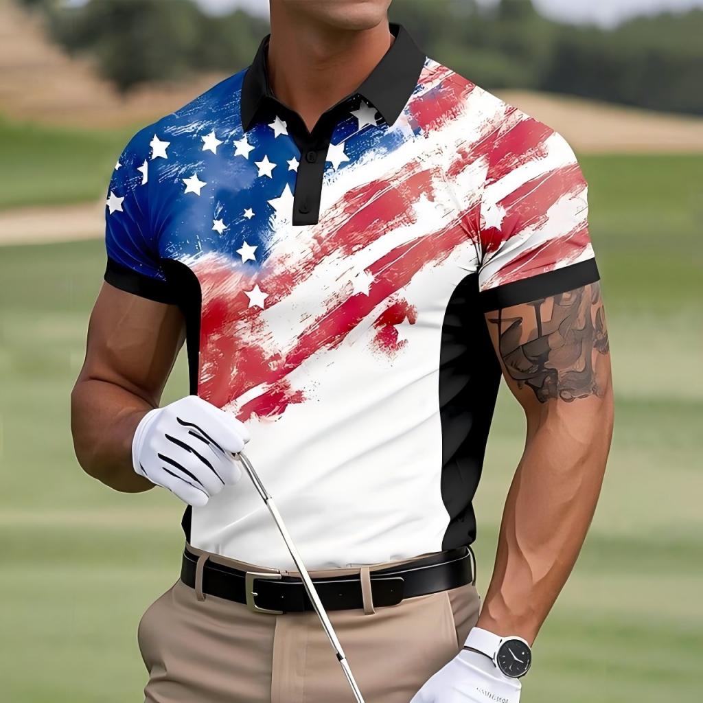 USA 250th Anniversary Performance Golf Polo Shirt – Vintage Brushstroke American Flag Print, Quick Dry Short Sleeve Sports Casual Top