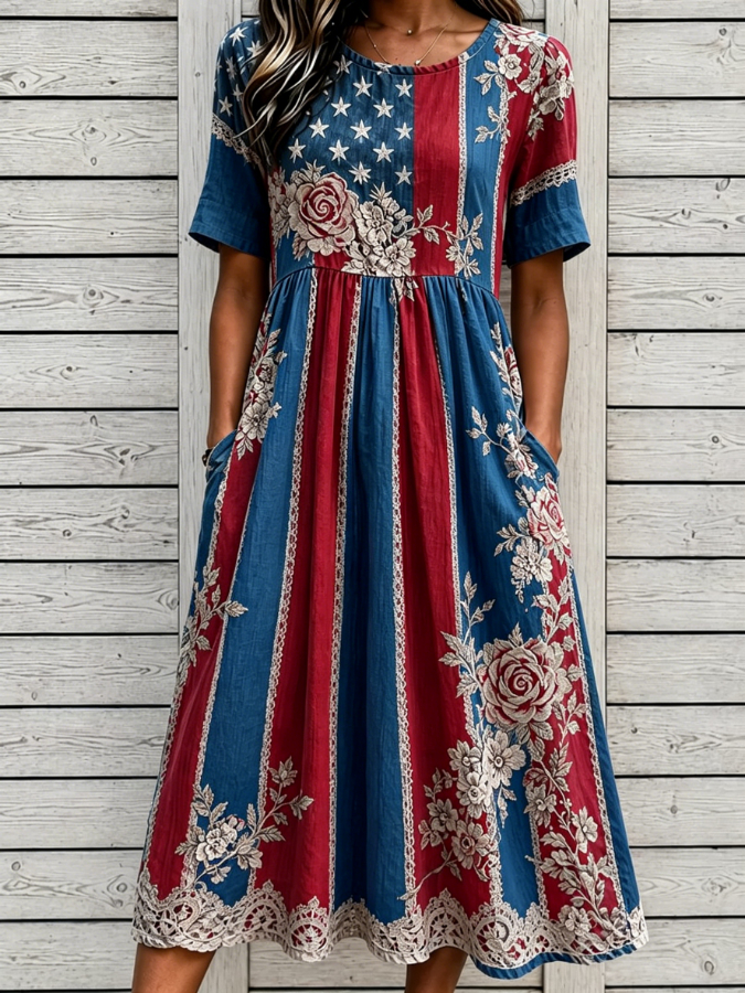 Patriotic Flag & Floral Print Short Sleeve Lace Trim Midi Dress