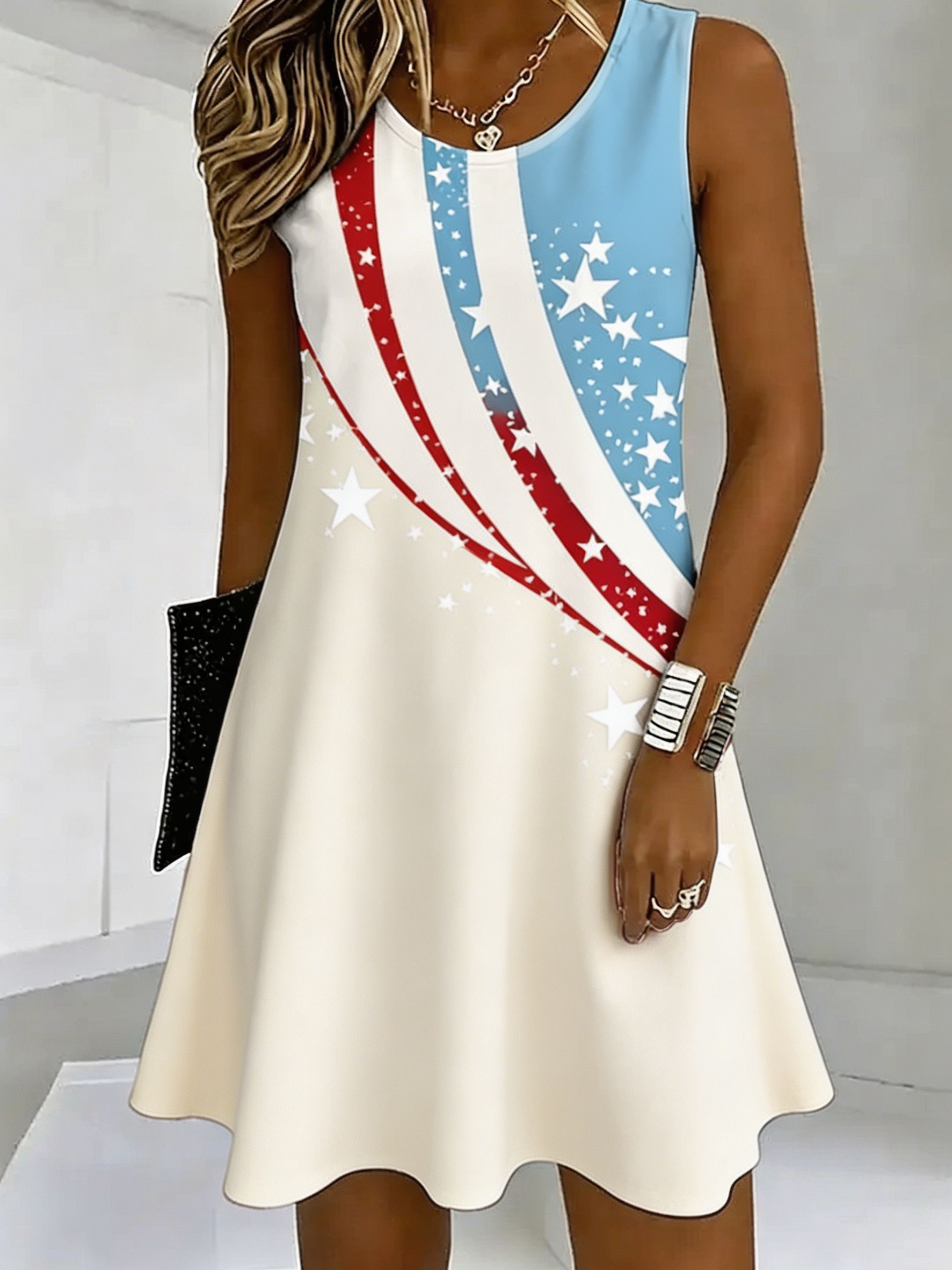 USA Flag Inspired Star Print Sleeveless Summer Casual Dress